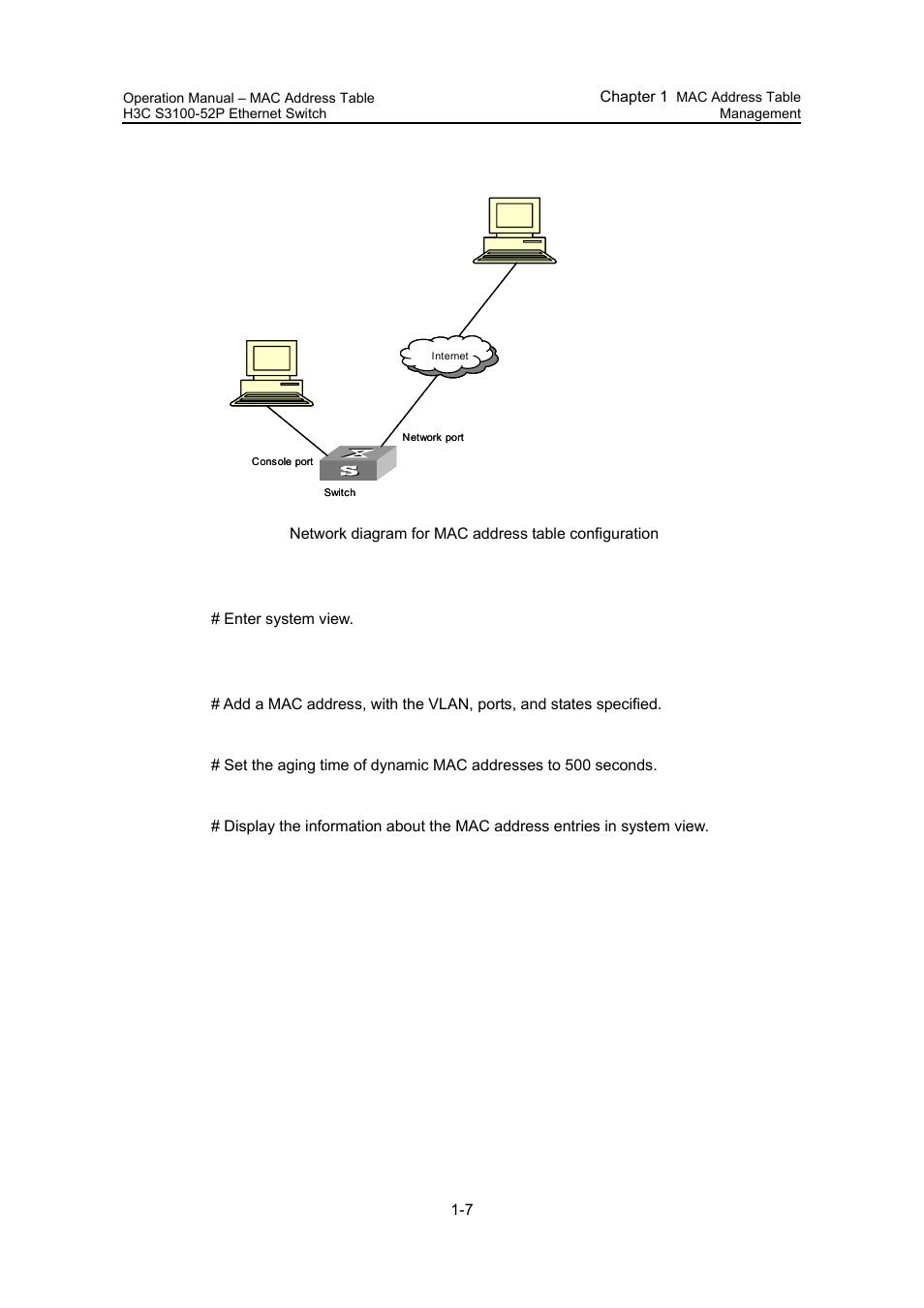 Ii. network diagram, Iii. configuration procedure | H3C Technologies H3C S3100 Series Switches User Manual | Page 173 / 630