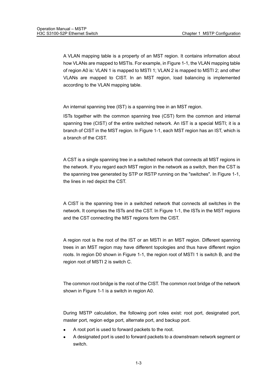 Iii. vlan mapping table, Iv. ist, V. cst | Vi. cist, Vii. region root, Viii. common root bridge, Ix. port role | H3C Technologies H3C S3100 Series Switches User Manual | Page 178 / 630