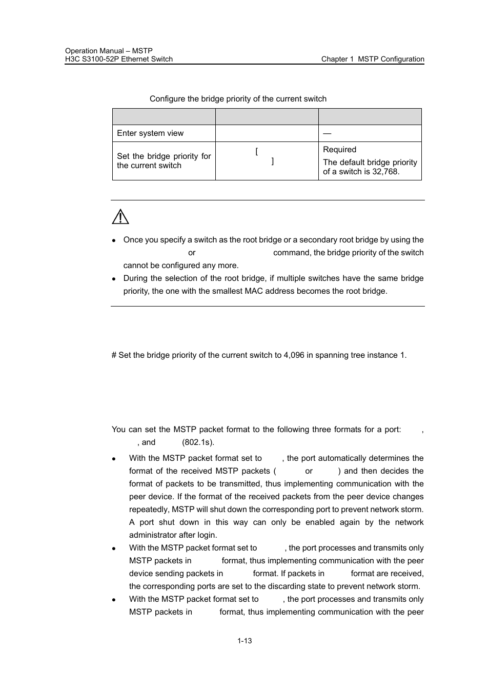 I. configuration procedure, Ii. configuration example, 5 configuring the mstp packet format | 5 configuring the mstp packet format -13, Configuring the mstp packet format | H3C Technologies H3C S3100 Series Switches User Manual | Page 188 / 630