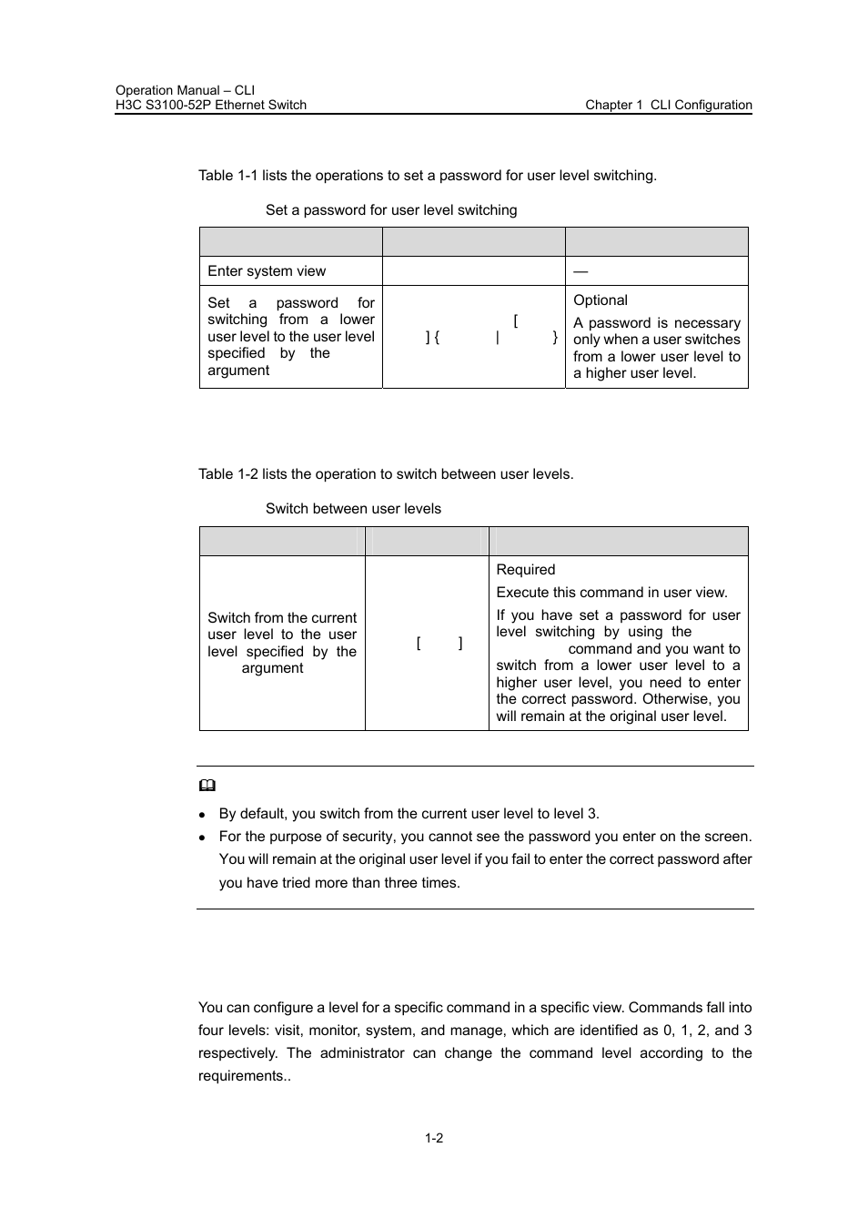 I. setting a password for user level switching, Ii. switching between user levels | H3C Technologies H3C S3100 Series Switches User Manual | Page 19 / 630