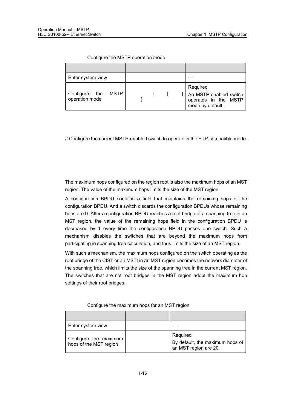 I. configuration procedure, Ii. configuration example, 7 configuring the maximum hops of mst region | 7 configuring the maximum hops of mst region -15, Configuring the maximum hops of mst region | H3C Technologies H3C S3100 Series Switches User Manual | Page 190 / 630