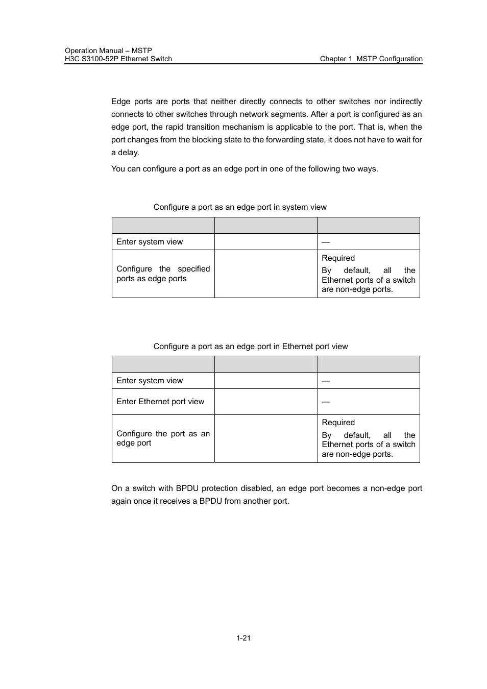 12 configuring the current port as an edge port, I. configure a port as an edge port in system view, Configuring the current port as an edge port | H3C Technologies H3C S3100 Series Switches User Manual | Page 196 / 630