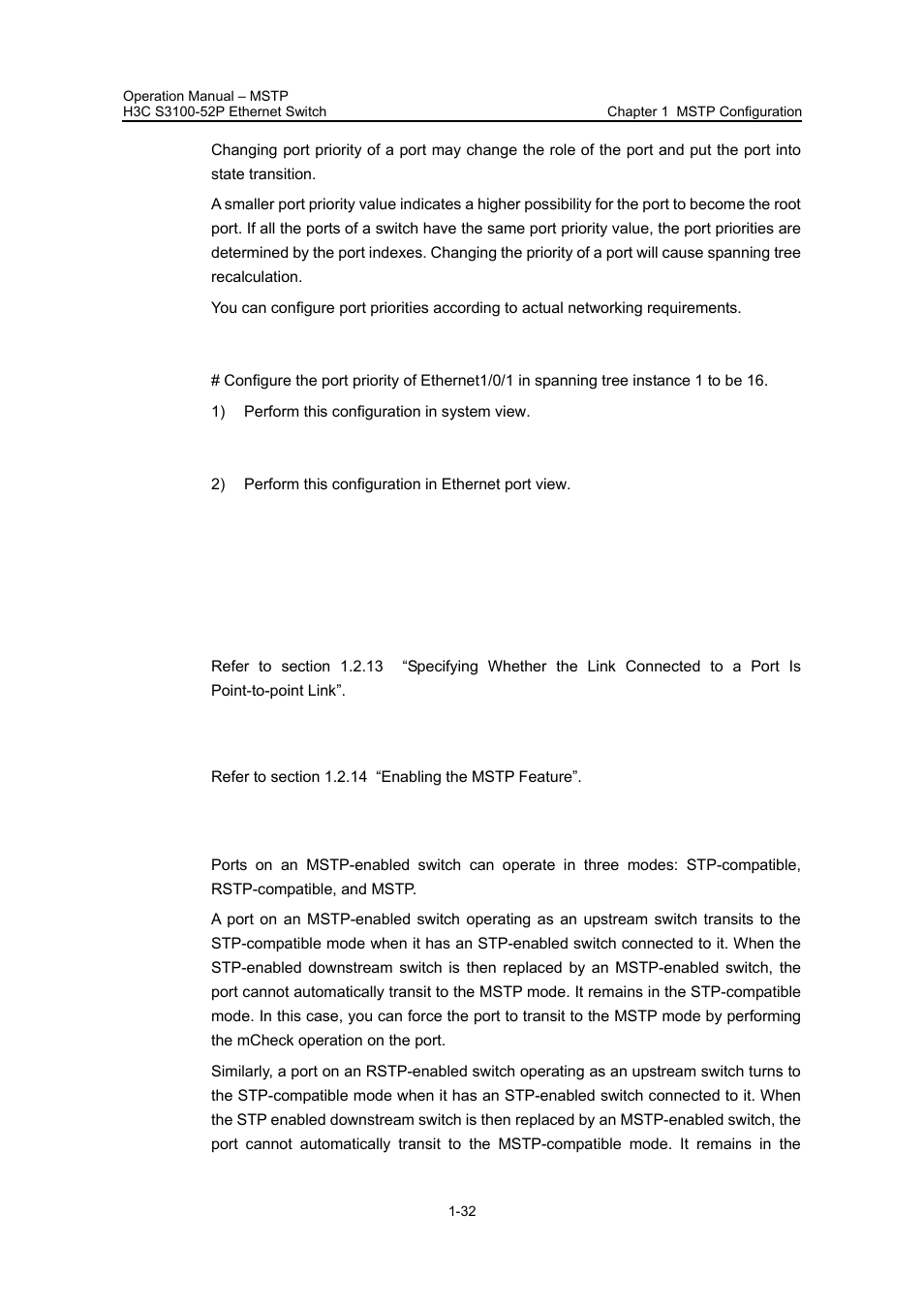 Iii. configuration example, 10 enabling the mstp feature, 4 performing mcheck | 4 performing mcheck -32 | H3C Technologies H3C S3100 Series Switches User Manual | Page 207 / 630