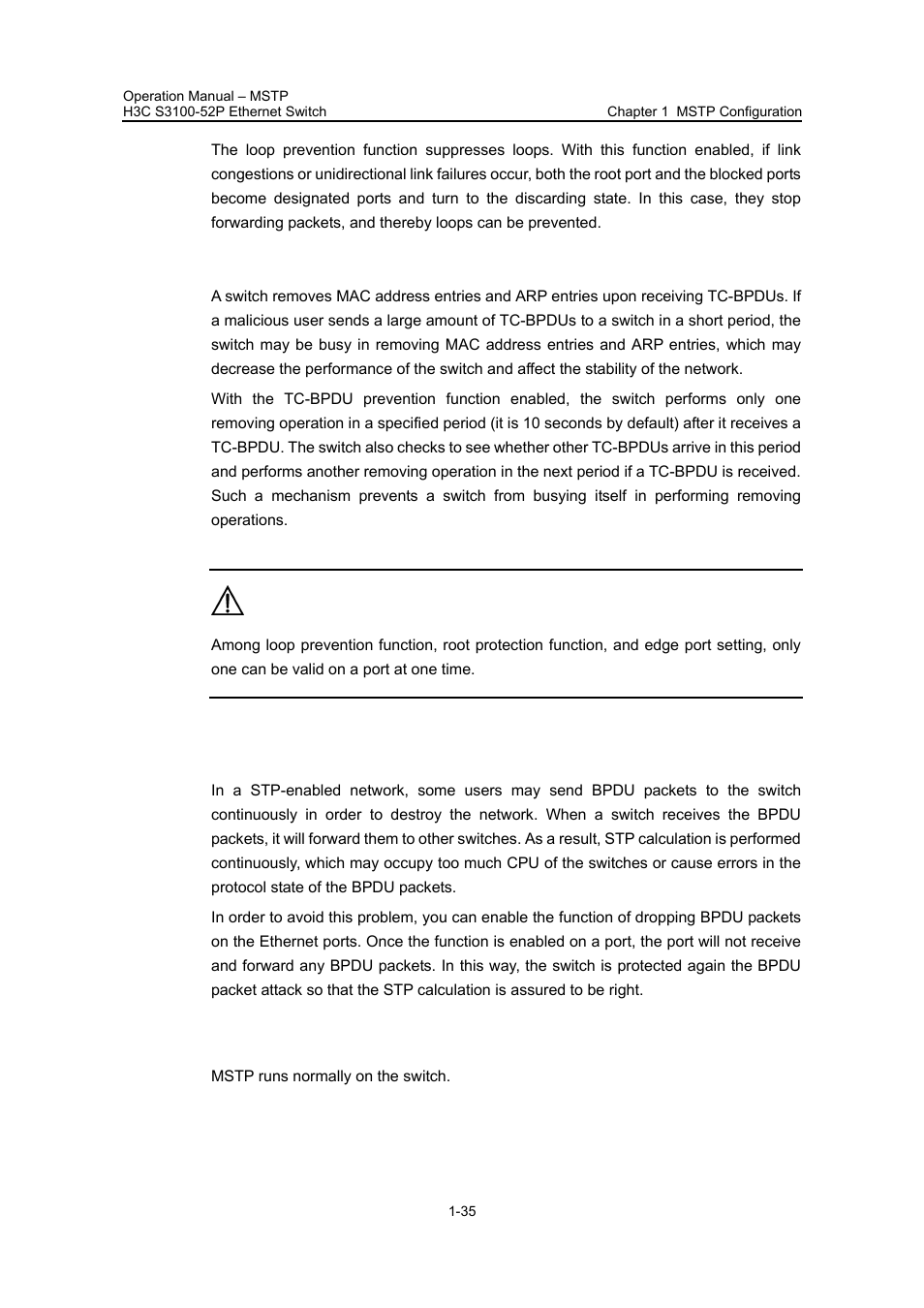 Iv. tc-bpdu attack prevention, V. bpdu packet drop, 2 configuration prerequisites | 2 configuration prerequisites -35 | H3C Technologies H3C S3100 Series Switches User Manual | Page 210 / 630