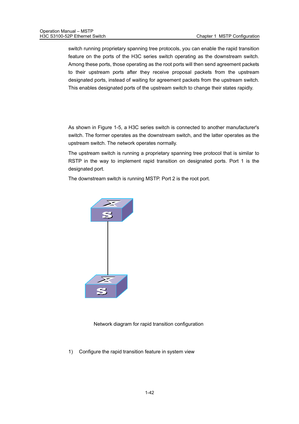 2 configuring rapid transition, I. configuration prerequisites, Ii. configuration procedure | 2 configuring rapid transition -42 | H3C Technologies H3C S3100 Series Switches User Manual | Page 217 / 630