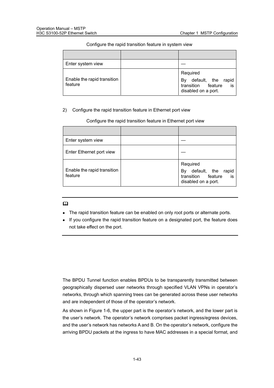 8 configuring bpdu tunnel, 1 introduction, 8 configuring bpdu tunnel -43 | 1 introduction -43 | H3C Technologies H3C S3100 Series Switches User Manual | Page 218 / 630