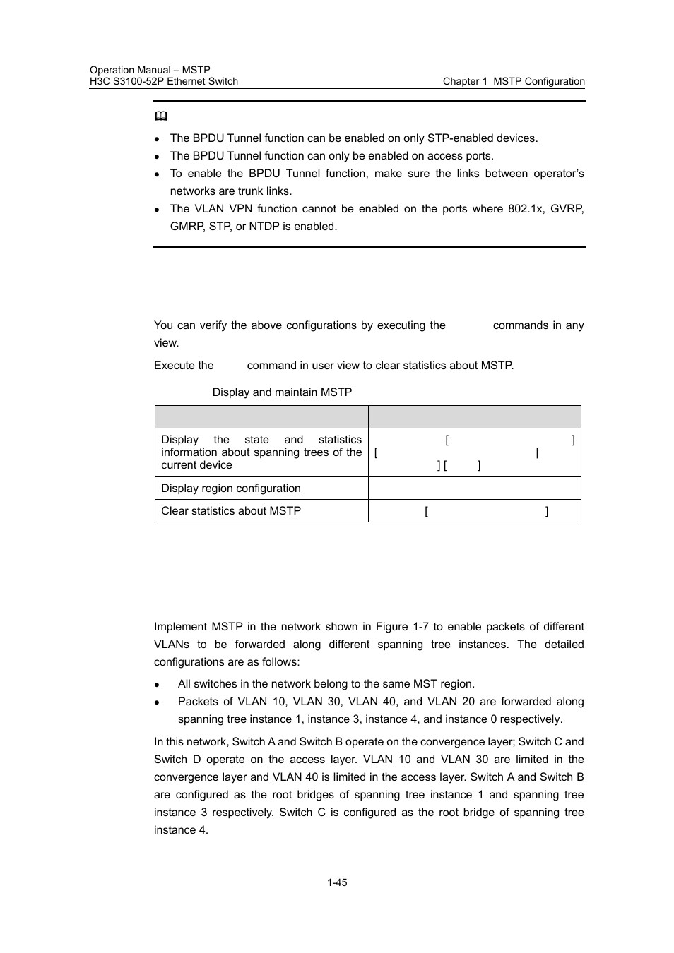 9 displaying and maintaining mstp, 10 mstp configuration example, I. network requirements | H3C Technologies H3C S3100 Series Switches User Manual | Page 220 / 630