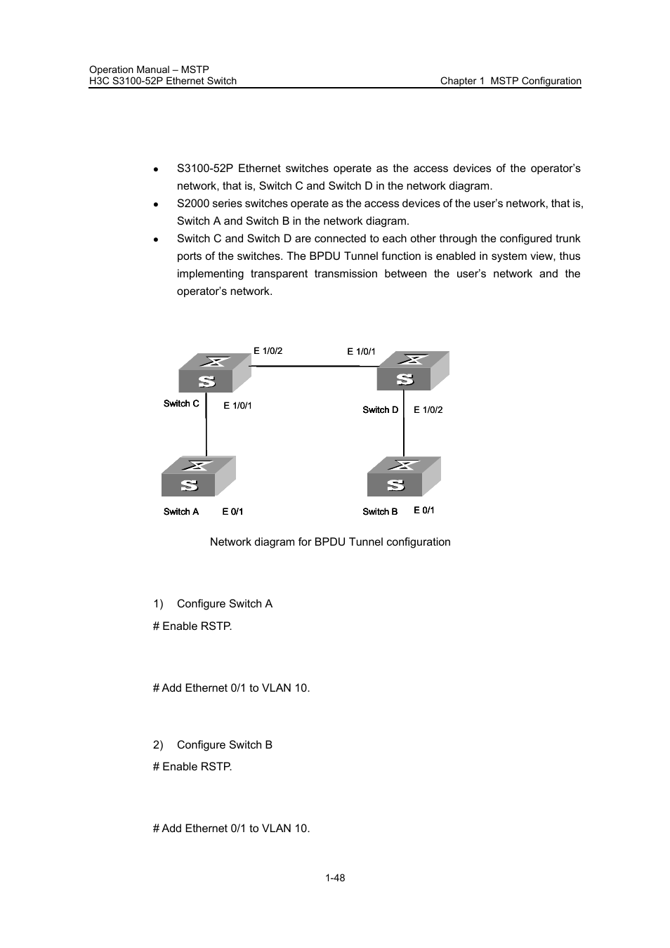 11 bpdu tunnel configuration example, I. network requirements, Ii. network diagram | Iii. configuration procedure, 11 bpdu tunnel configuration example -48 | H3C Technologies H3C S3100 Series Switches User Manual | Page 223 / 630