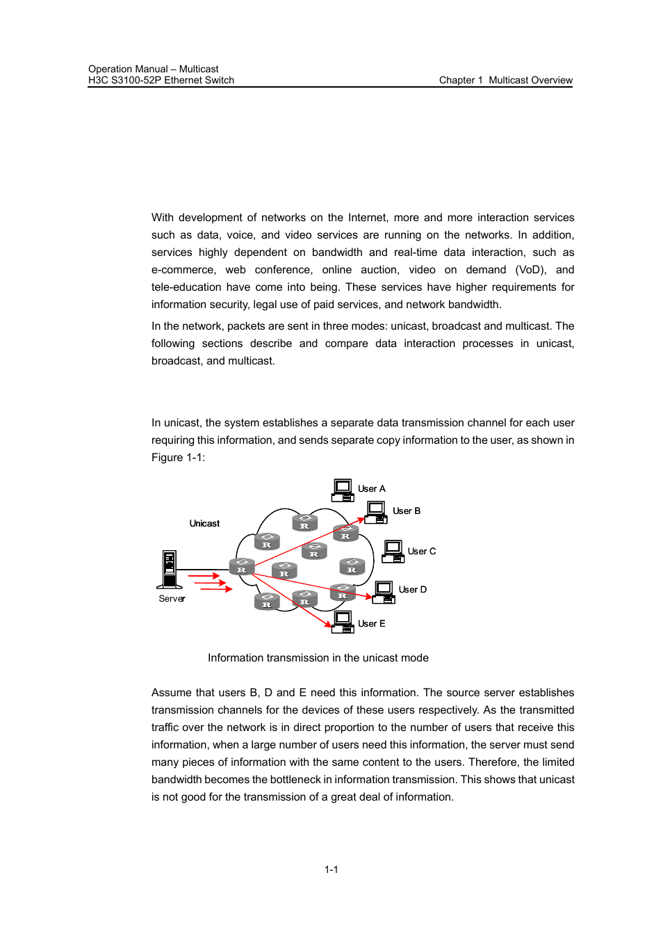Chapter 1 multicast overview, 1 multicast overview, 1 information transmission in the unicast mode | Chapter 1 multicast overview -1, 1 multicast overview -1, 1 information transmission in the unicast mode -1 | H3C Technologies H3C S3100 Series Switches User Manual | Page 228 / 630
