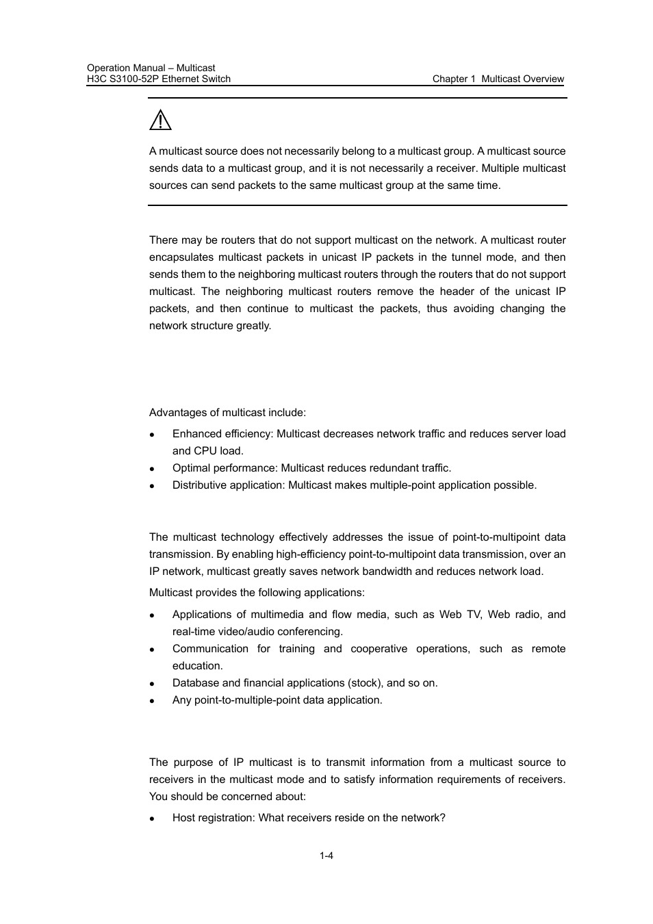 4 advantages and applications of multicast, I. advantages of multicast, Ii. application of multicast | 2 multicast architecture, 4 advantages and applications of multicast -4, 2 multicast architecture -4 | H3C Technologies H3C S3100 Series Switches User Manual | Page 231 / 630