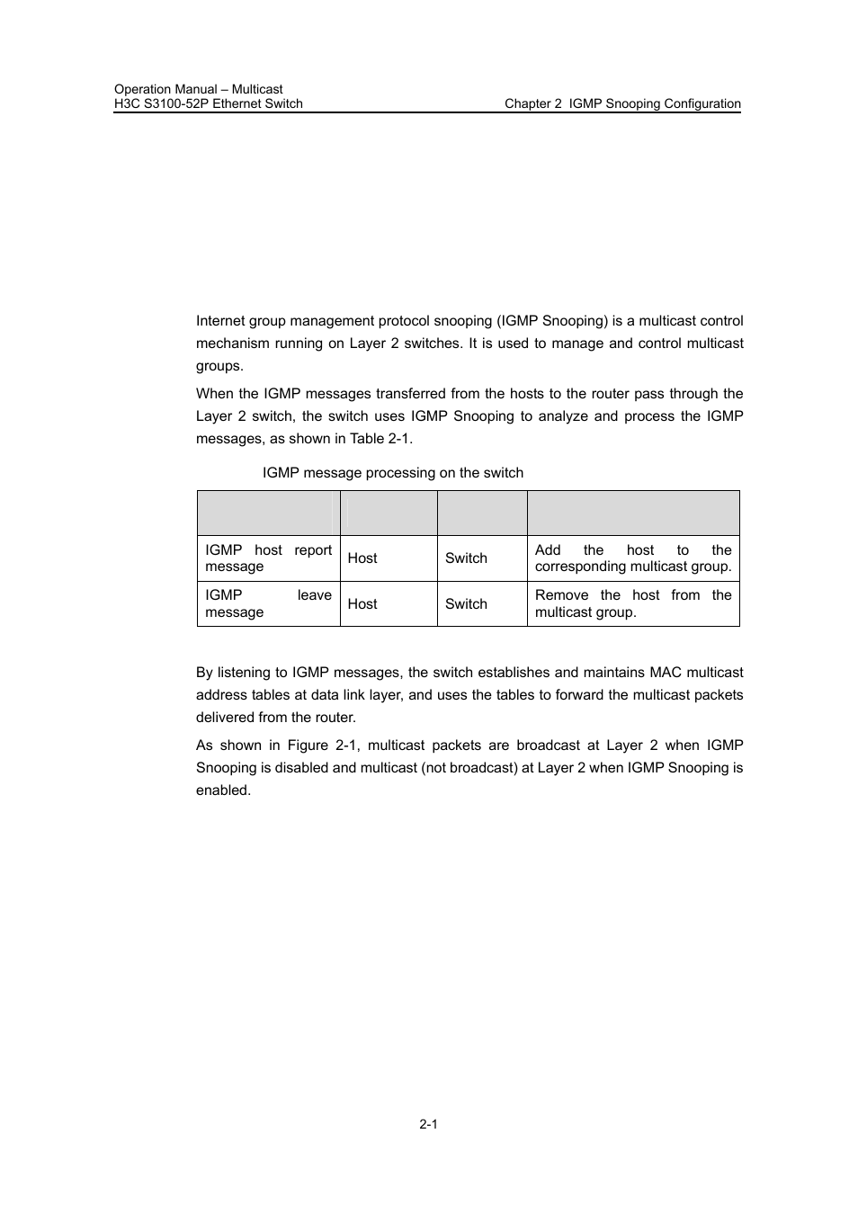 Chapter 2 igmp snooping configuration, 1 overview, 1 igmp snooping fundamentals | Chapter 2 igmp snooping configuration -1, 1 overview -1, 1 igmp snooping fundamentals -1 | H3C Technologies H3C S3100 Series Switches User Manual | Page 238 / 630