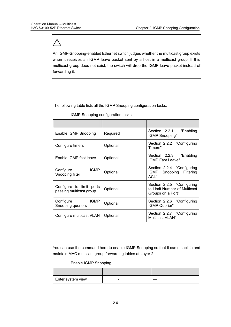2 igmp snooping configuration, 1 enabling igmp snooping, 2 igmp snooping configuration -6 | 1 enabling igmp snooping -6 | H3C Technologies H3C S3100 Series Switches User Manual | Page 243 / 630
