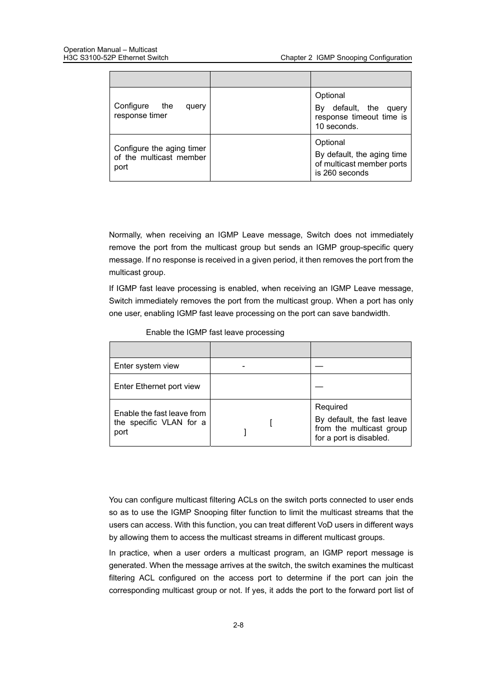 3 enabling igmp fast leave, 4 configuring igmp snooping filtering acl, Enabling | Igmp fast leave, 4 "configuring, Igmp snooping filtering | H3C Technologies H3C S3100 Series Switches User Manual | Page 245 / 630
