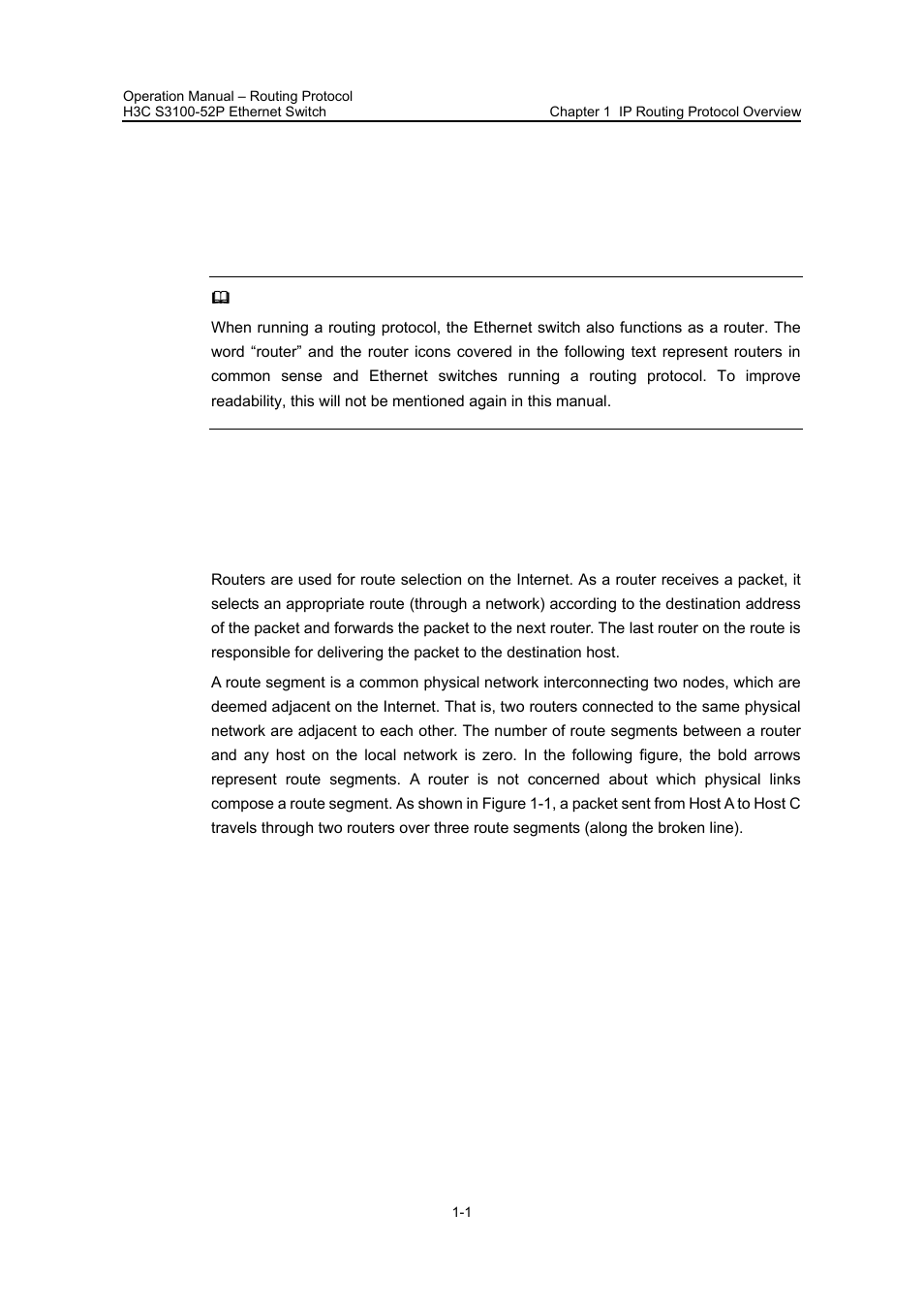 Chapter 1 ip routing protocol overview, 1 introduction to ip route and routing table, 1 ip route and route segment | Chapter 1 ip routing protocol overview -1, 1 introduction to ip route and routing table -1, 1 ip route and route segment -1 | H3C Technologies H3C S3100 Series Switches User Manual | Page 262 / 630