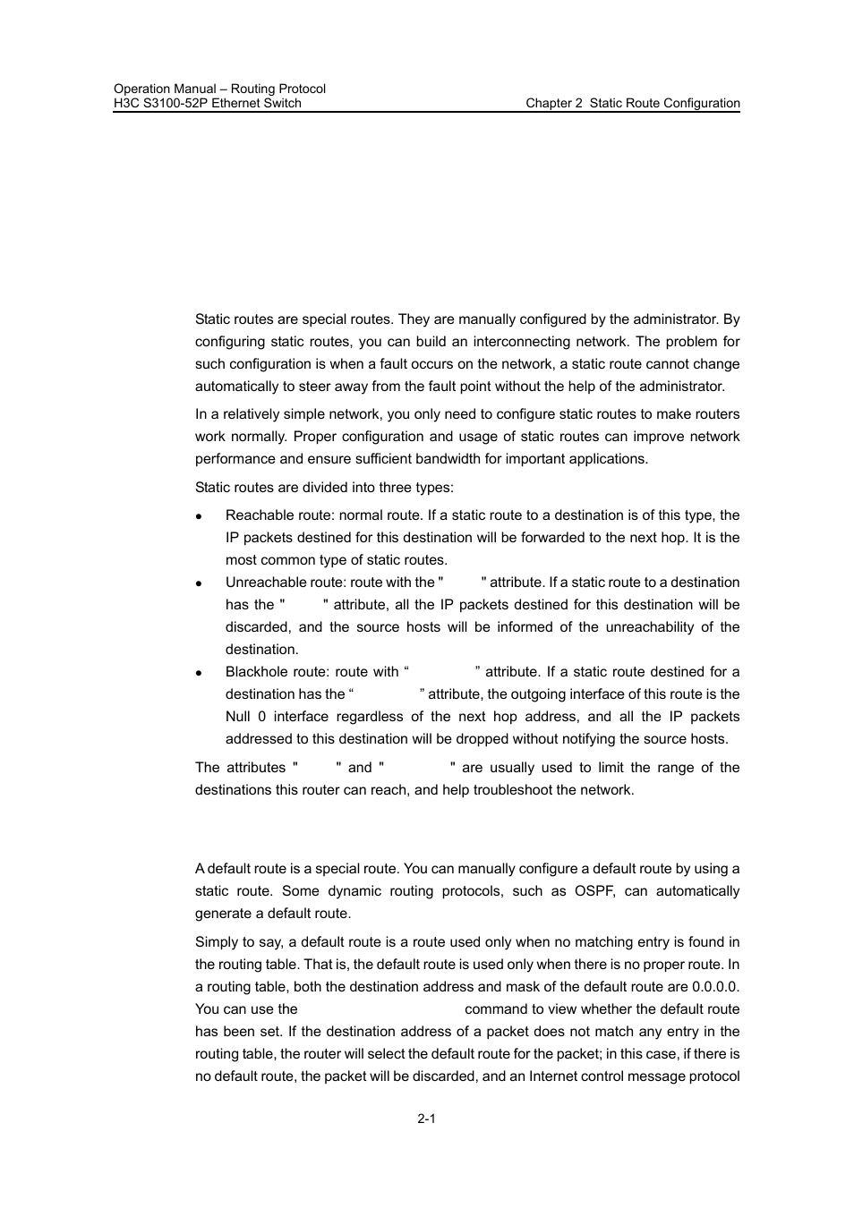 Chapter 2 static route configuration, 1 introduction to static route, 1 static route | 2 default route, Chapter 2 static route configuration -1, 1 introduction to static route -1, 1 static route -1 2.1.2 default route -1 | H3C Technologies H3C S3100 Series Switches User Manual | Page 268 / 630