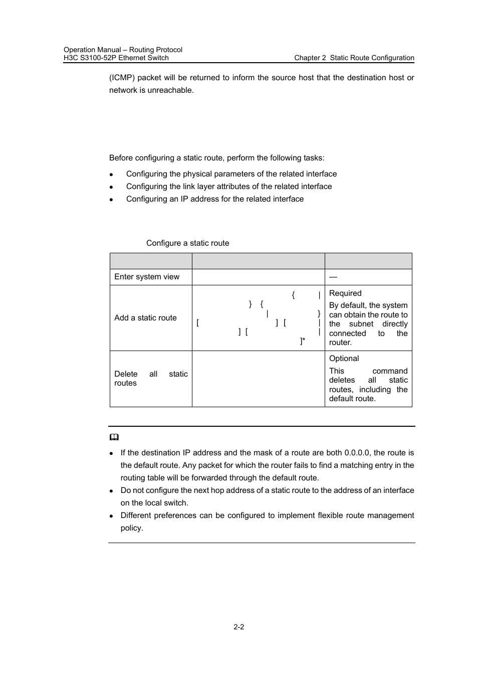 2 static route configuration, 1 configuration prerequisites, 2 configuring a static route | 2 static route configuration -2 | H3C Technologies H3C S3100 Series Switches User Manual | Page 269 / 630