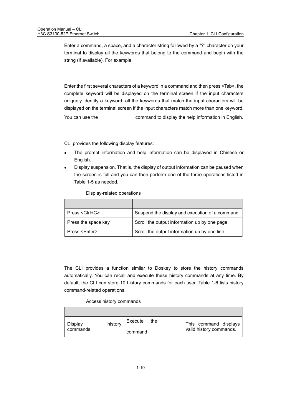 2 terminal display, 3 history commands, 2 terminal display -10 1.3.3 history commands -10 | H3C Technologies H3C S3100 Series Switches User Manual | Page 27 / 630