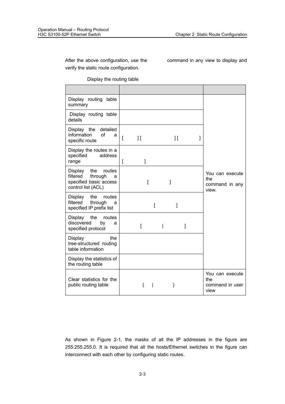3 displaying and maintaining the routing table, 4 static route configuration example, I. network requirements | H3C Technologies H3C S3100 Series Switches User Manual | Page 270 / 630