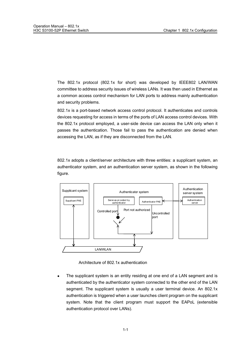 Chapter 1 802.1x configuration, 1 introduction to 802.1x, 1 architecture of 802.1x authentication | Chapter 1 802.1x configuration -1, 1 introduction to 802.1x -1, 1 architecture of 802.1x authentication -1 | H3C Technologies H3C S3100 Series Switches User Manual | Page 274 / 630