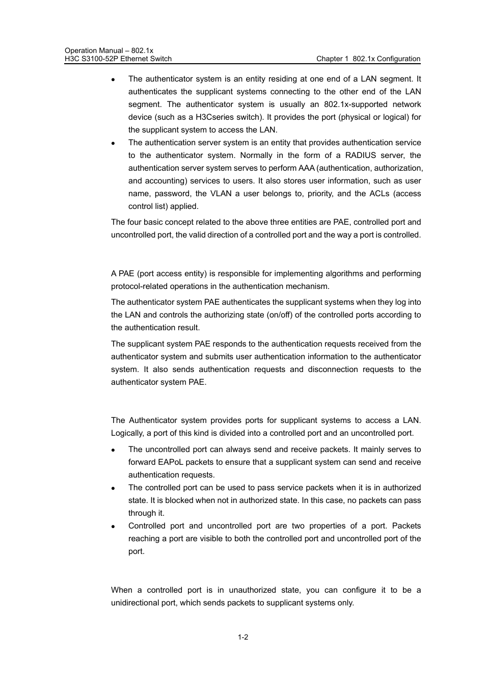 I. pae, Ii. controlled port and uncontrolled port, Iii. the valid direction of a controlled port | H3C Technologies H3C S3100 Series Switches User Manual | Page 275 / 630