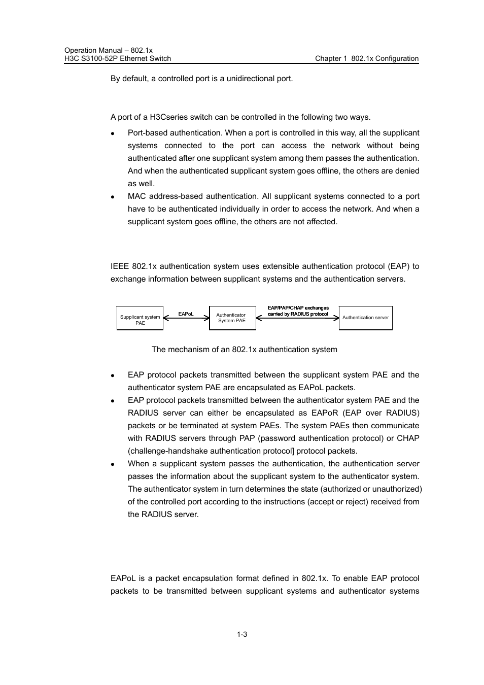 Iv. the way a port is controlled, 2 the mechanism of an 802.1x authentication system, 3 encapsulation of eapol messages | I. the format of an eapol packet | H3C Technologies H3C S3100 Series Switches User Manual | Page 276 / 630