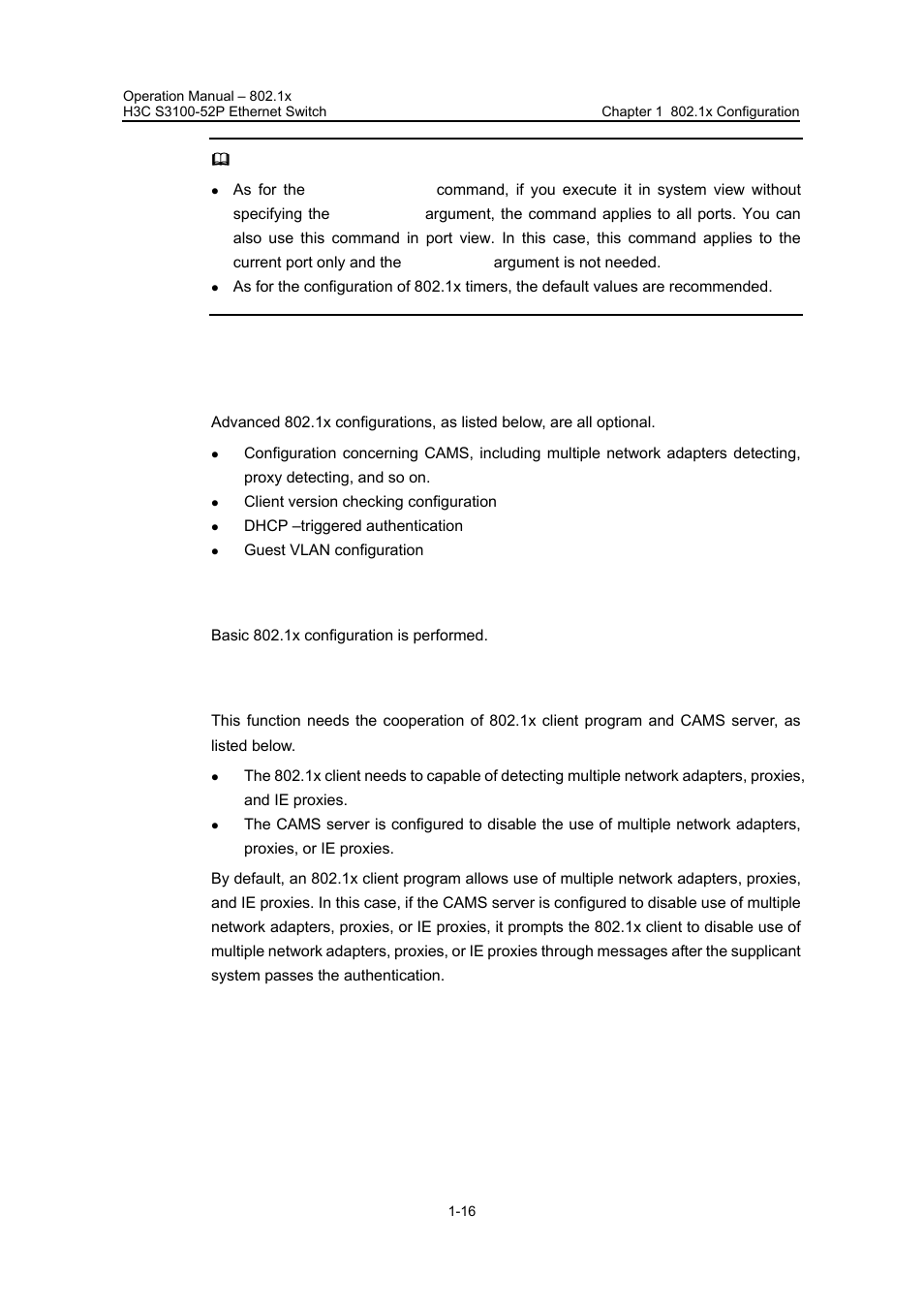 5 advanced 802.1x configuration, 1 prerequisites, 2 configuring proxy checking | 5 advanced 802.1x configuration -16 | H3C Technologies H3C S3100 Series Switches User Manual | Page 289 / 630