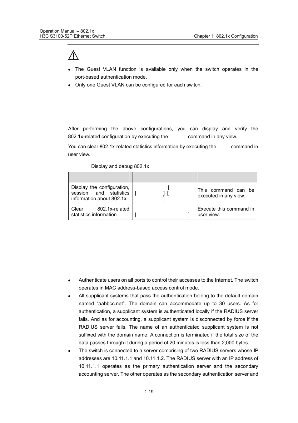 6 displaying and debugging 802.1x, 7 configuration example, 1 802.1x configuration example | I. network requirements, 1 802.1x configuration example -19 | H3C Technologies H3C S3100 Series Switches User Manual | Page 292 / 630