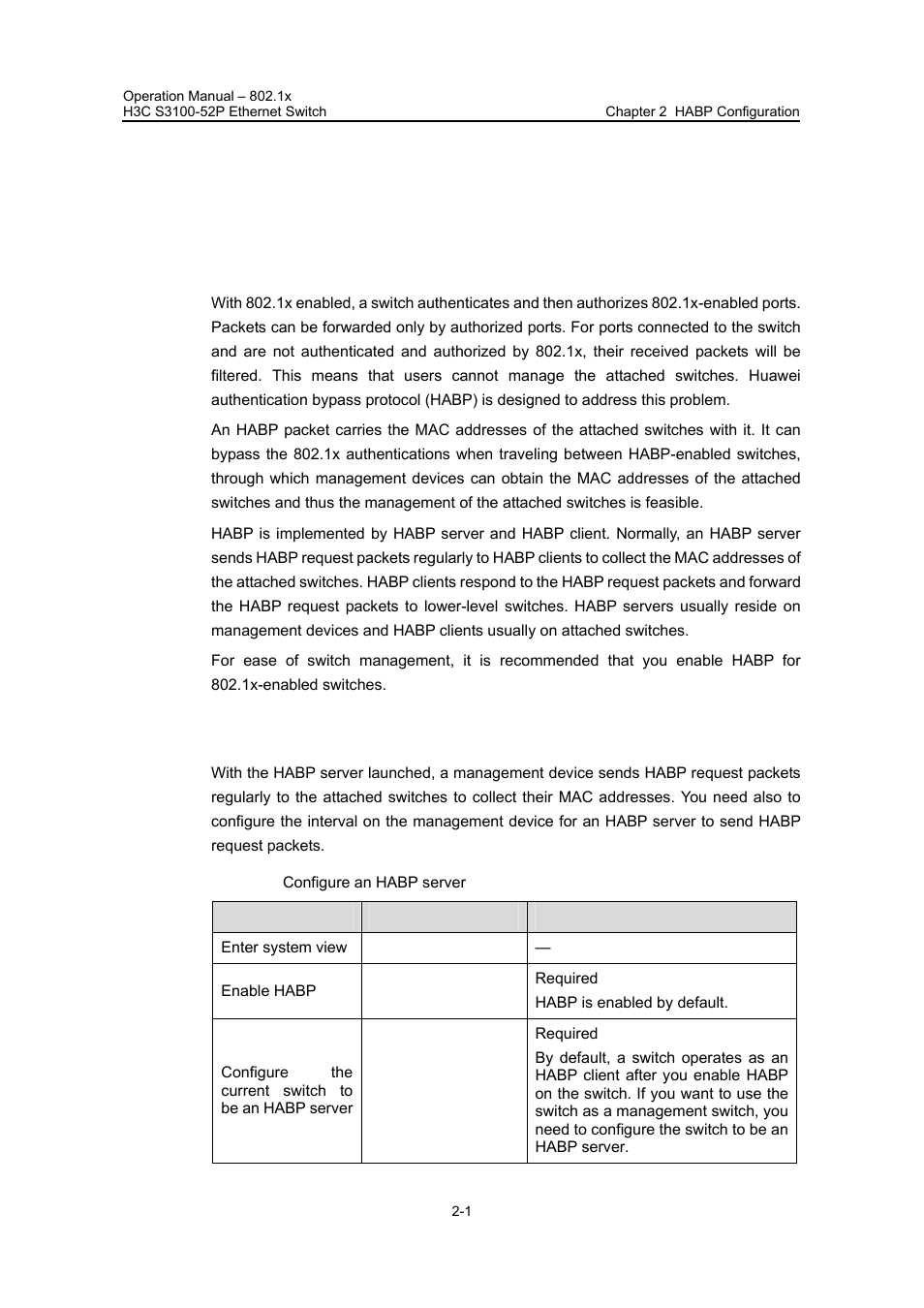 Chapter 2 habp configuration, 1 introduction to habp, 2 habp server configuration | Chapter 2 habp configuration -1 | H3C Technologies H3C S3100 Series Switches User Manual | Page 296 / 630