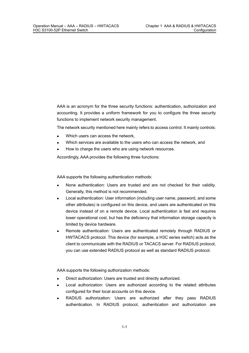 Chapter 1 aaa & radius & hwtacacs configuration, 1 overview, 1 introduction to aaa | I. authentication, Ii. authorization, Chapter 1 aaa & radius & hwtacacs configuration -1, 1 overview -1, 1 introduction to aaa -1 | H3C Technologies H3C S3100 Series Switches User Manual | Page 300 / 630