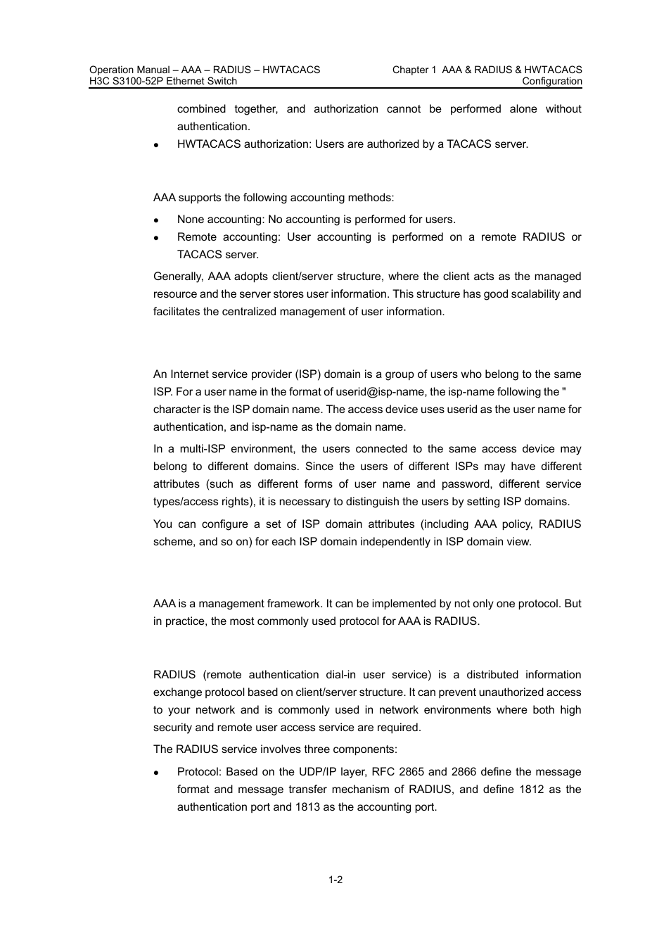 Iii. accounting, 2 introduction to isp domain, 3 introduction to radius | I. what is radius | H3C Technologies H3C S3100 Series Switches User Manual | Page 301 / 630