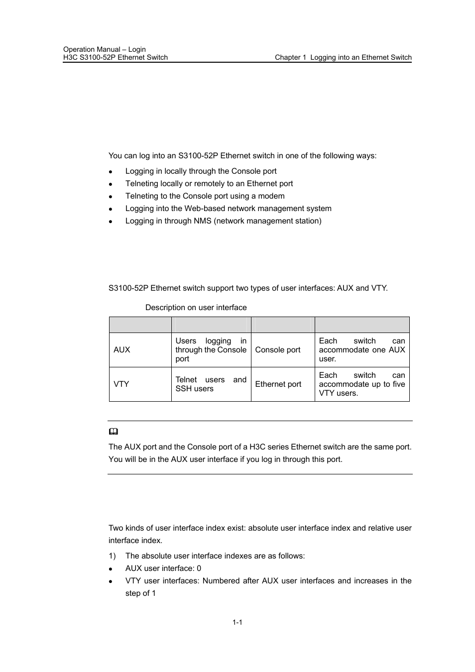 Chapter 1 logging into an ethernet switch, 1 logging into an ethernet switch, 2 introduction to the user interface | 1 supported user interfaces, 2 user interface number, Chapter 1 logging into an ethernet switch -1 | H3C Technologies H3C S3100 Series Switches User Manual | Page 32 / 630