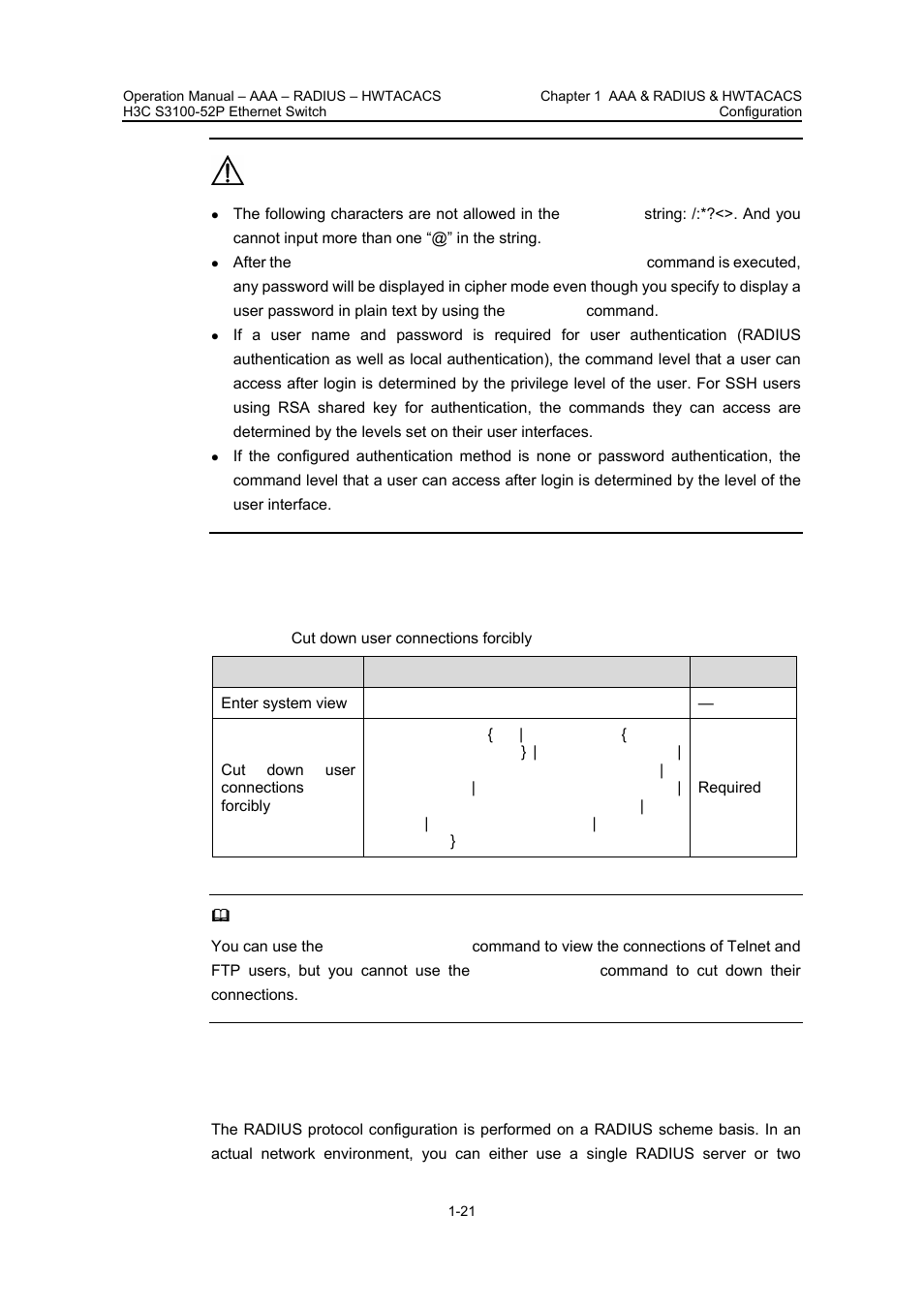 7 cutting down user connections forcibly, 4 radius configuration, 7 cutting down user connections forcibly -21 | 4 radius configuration -21, 4 “radius, Configuration, Cutting down user, Connections forcibly | H3C Technologies H3C S3100 Series Switches User Manual | Page 320 / 630