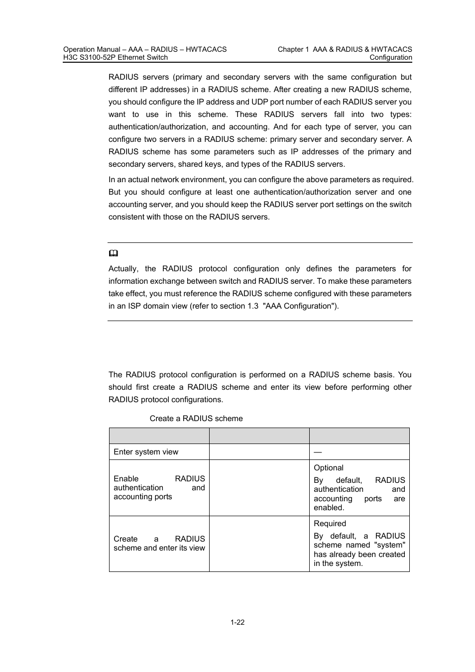 1 creating a radius scheme, 1 creating a radius scheme -22, Creating a radius | Scheme | H3C Technologies H3C S3100 Series Switches User Manual | Page 321 / 630