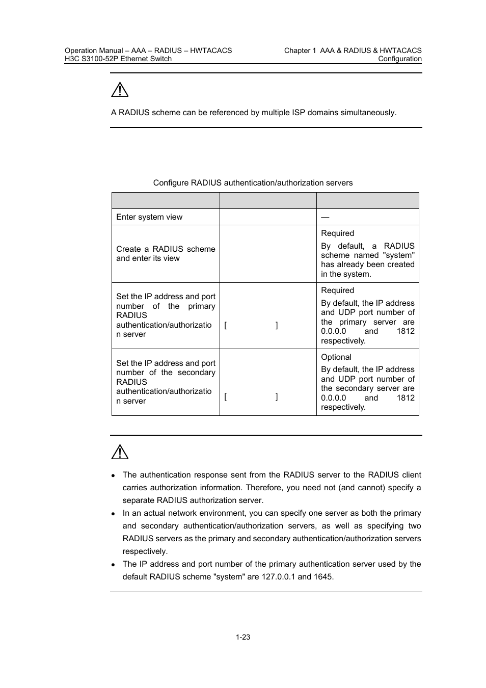 Configuring radius, Authentication/author, Ization servers | H3C Technologies H3C S3100 Series Switches User Manual | Page 322 / 630