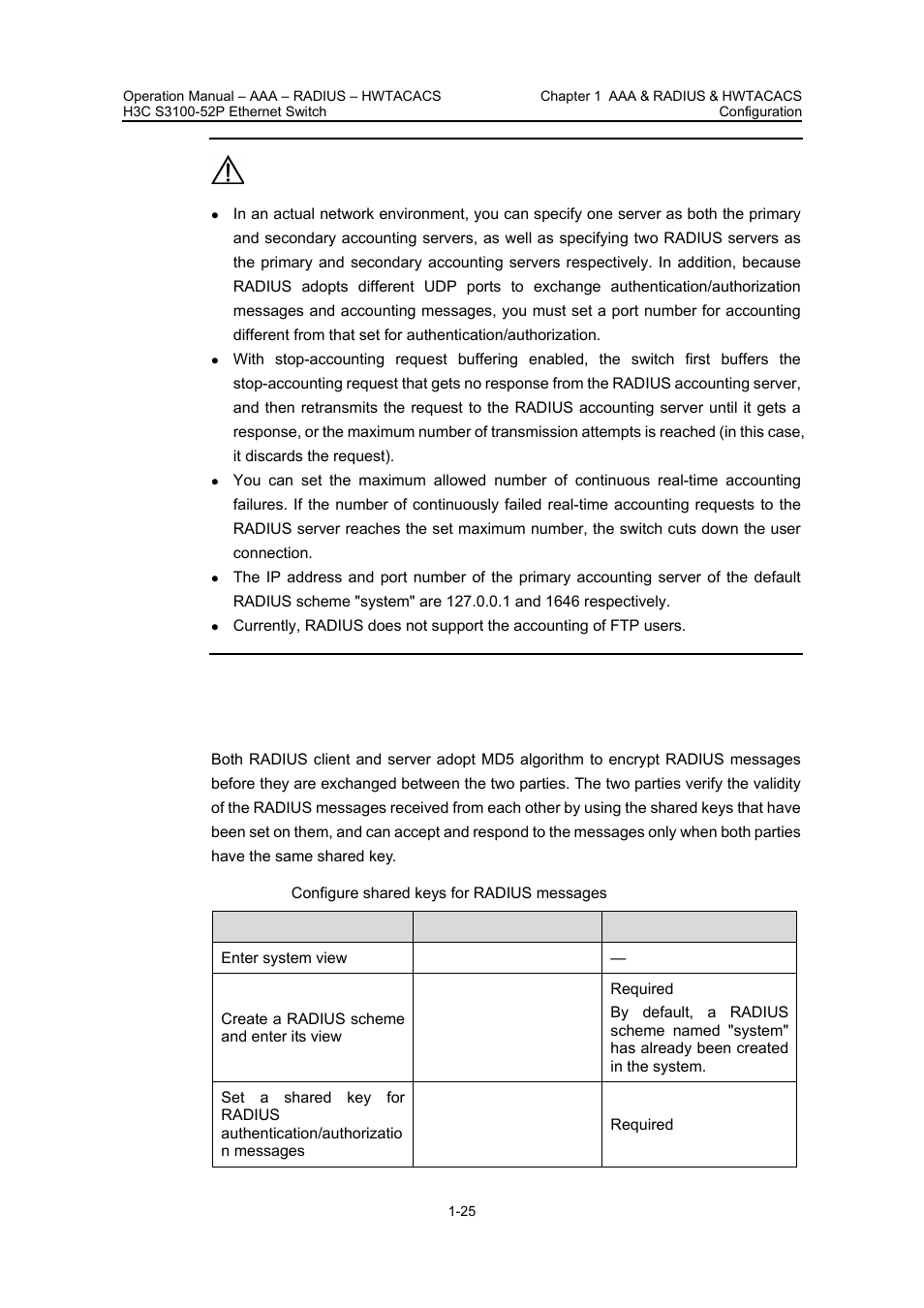4 configuring shared keys for radius messages, 4 configuring shared keys for radius messages -25, Configuring shared | Keys for radius, Messages | H3C Technologies H3C S3100 Series Switches User Manual | Page 324 / 630