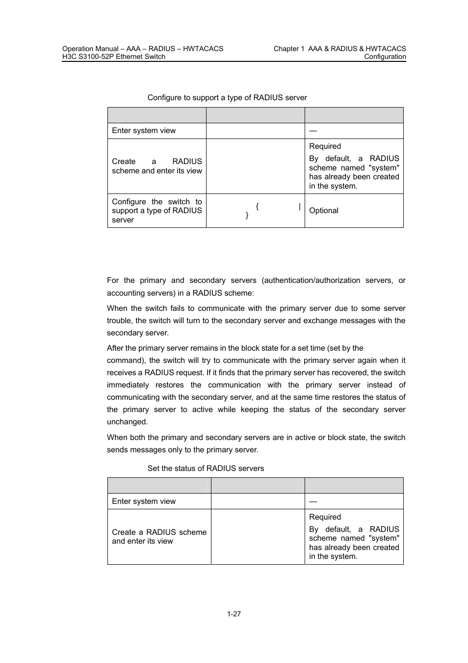 6 configuring to support a type of radius server, 7 configuring the status of radius servers, Configuring to | Support a type of, Radius server, Configuring the, Status of radius, Servers | H3C Technologies H3C S3100 Series Switches User Manual | Page 326 / 630