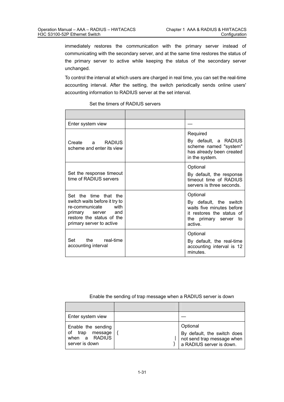Enabling the, Sending of trap, Message when a | Radius server is, Down | H3C Technologies H3C S3100 Series Switches User Manual | Page 330 / 630