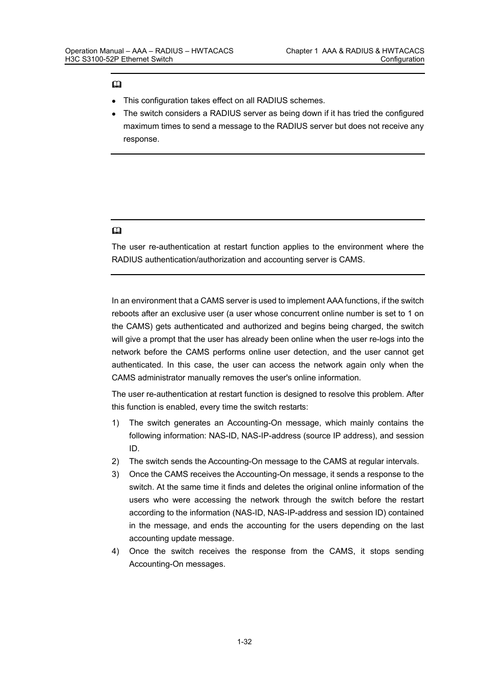 Enabling the user, Re-authentication at, Restart function | H3C Technologies H3C S3100 Series Switches User Manual | Page 331 / 630