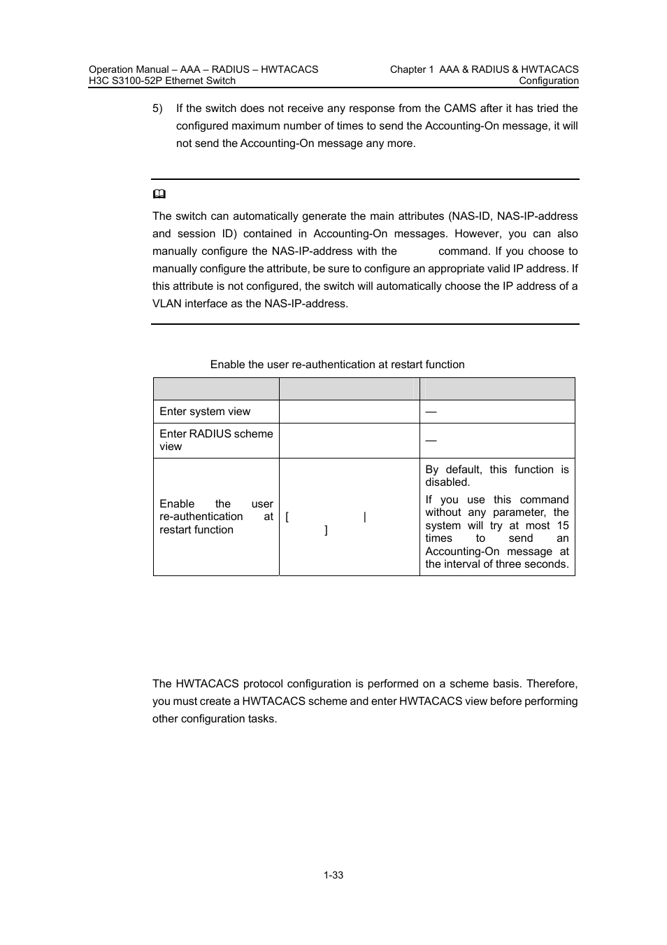 5 hwtacacs configuration, 1 creating a hwtacas scheme, 5 hwtacacs configuration -33 | 1 creating a hwtacas scheme -33, Creating a, Hwtacas scheme | H3C Technologies H3C S3100 Series Switches User Manual | Page 332 / 630