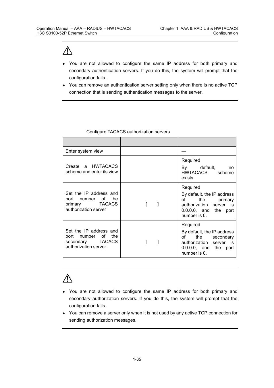 3 configuring hwtacacs authorization servers, 3 configuring hwtacacs authorization servers -35, Configuring | Hwtacacs, Authorization, Servers | H3C Technologies H3C S3100 Series Switches User Manual | Page 334 / 630
