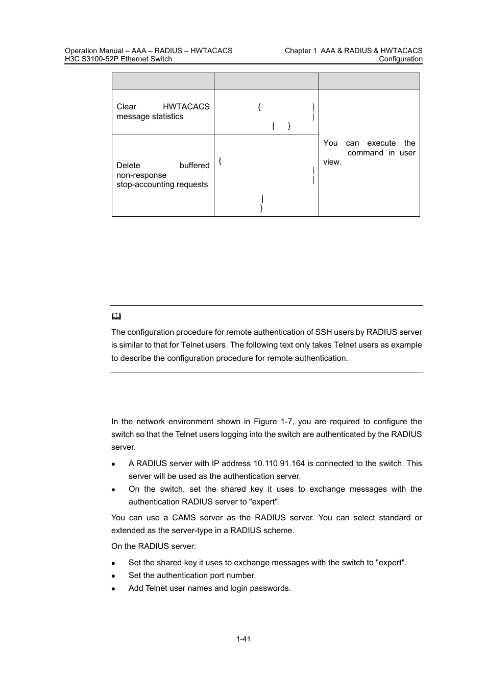 7 aaa & radius & hwtacacs configuration example, 1 remote radius authentication of telnet/ssh users, I. network requirements | H3C Technologies H3C S3100 Series Switches User Manual | Page 340 / 630