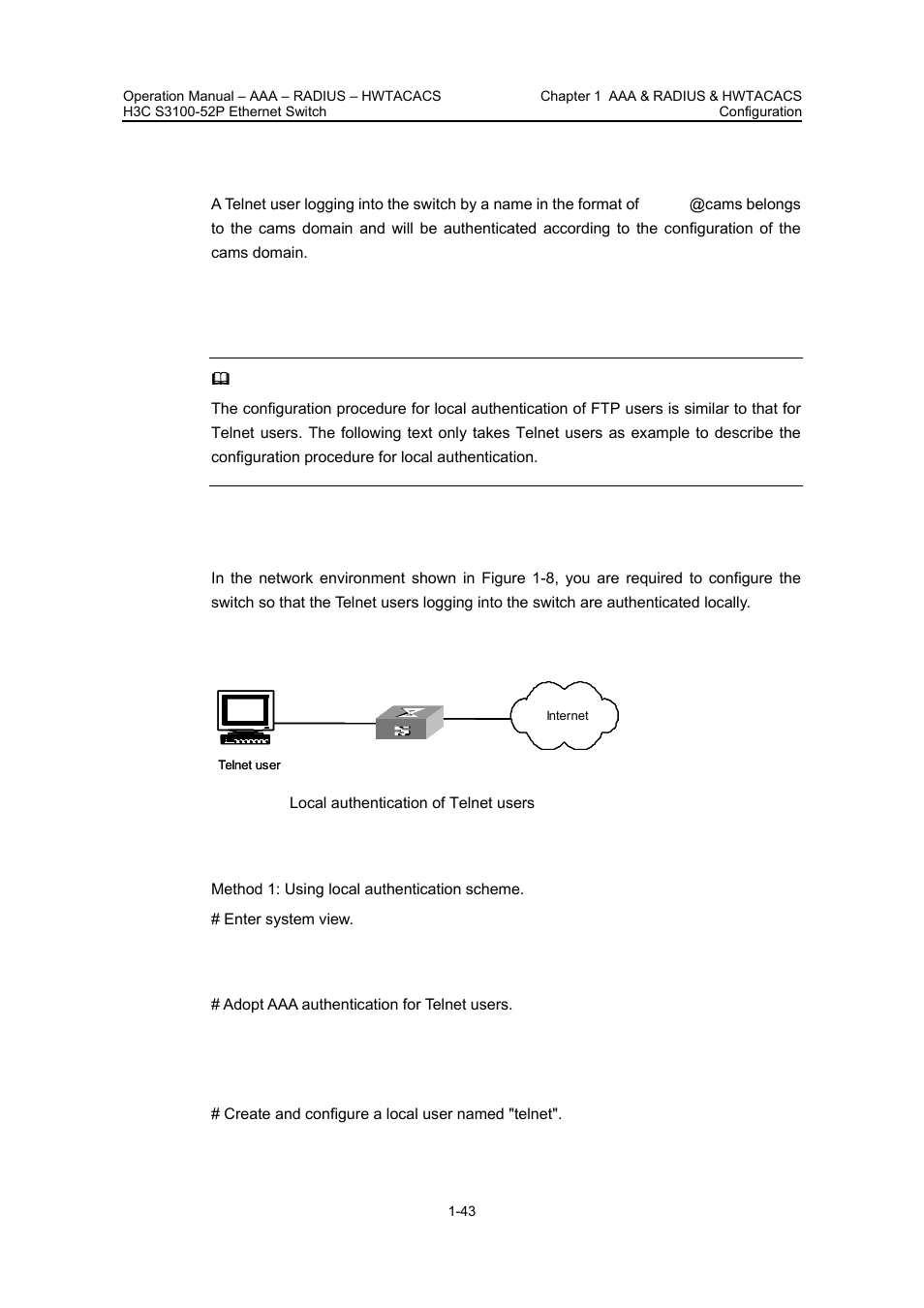 2 local authentication of ftp/telnet users, I. network requirements, Ii. network diagram | Iii. configuration procedure, 2 local authentication of ftp/telnet users -43 | H3C Technologies H3C S3100 Series Switches User Manual | Page 342 / 630
