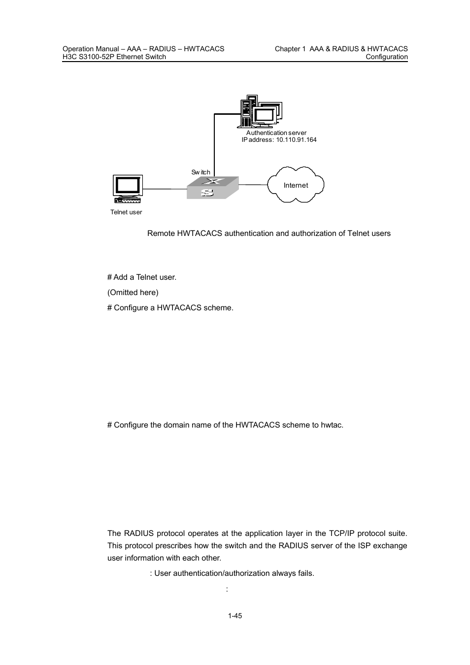 Ii. network diagram, Iii. configuration procedure, 1 troubleshooting radius configuration | 1 troubleshooting radius configuration -45 | H3C Technologies H3C S3100 Series Switches User Manual | Page 344 / 630