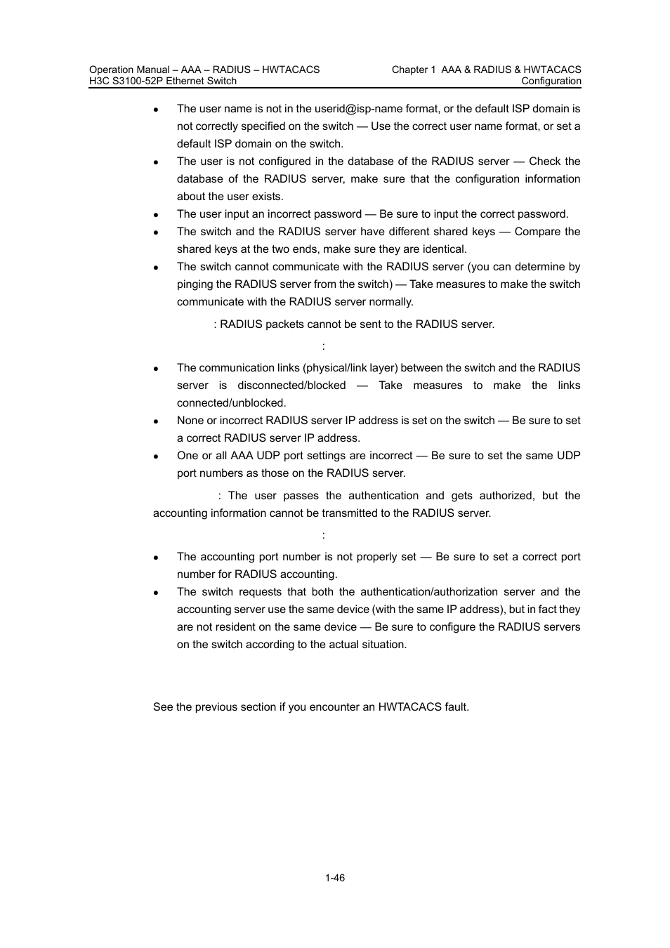 2 troubleshooting hwtacacs configuration, 2 troubleshooting hwtacacs configuration -46 | H3C Technologies H3C S3100 Series Switches User Manual | Page 345 / 630
