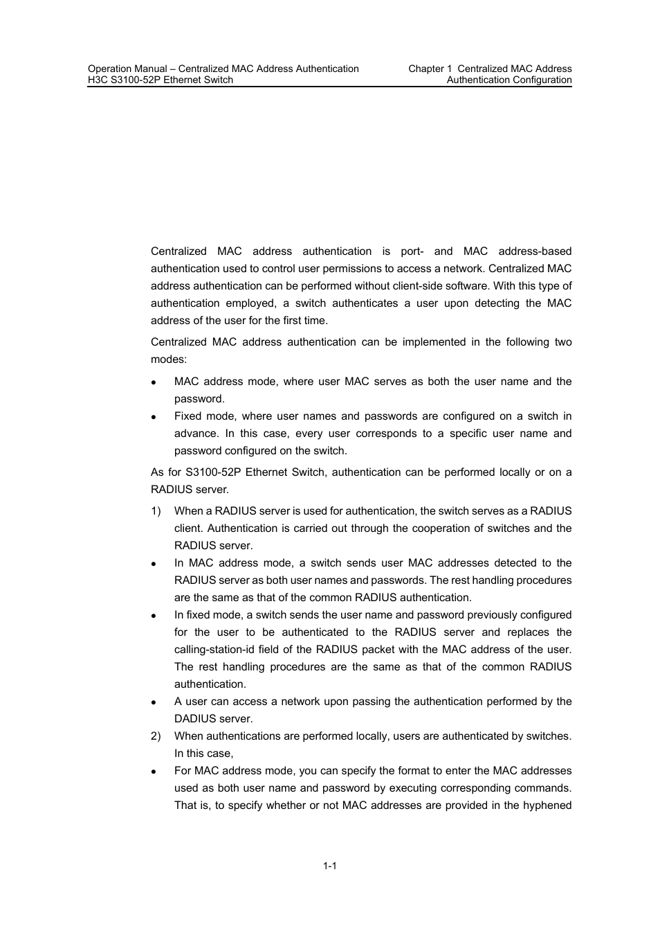 1 centralized mac address authentication overview | H3C Technologies H3C S3100 Series Switches User Manual | Page 347 / 630
