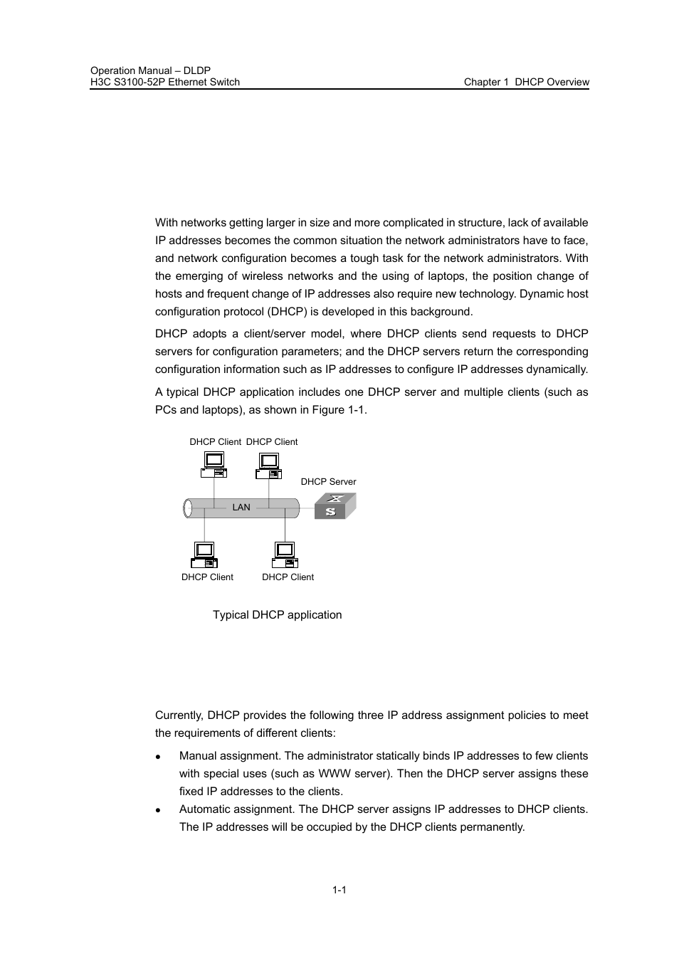 Chapter 1 dhcp overview, 1 introduction to dhcp, 2 dhcp ip address assignment | 1 ip address assignment policy, Chapter 1 dhcp overview -1, 1 ip address assignment policy -1 | H3C Technologies H3C S3100 Series Switches User Manual | Page 354 / 630