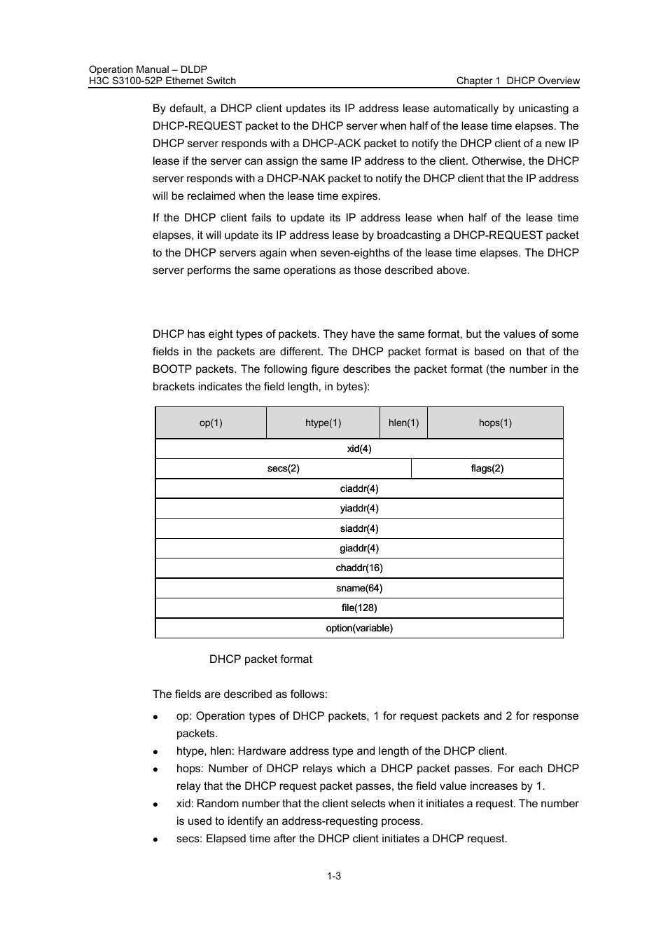 3 dhcp packet format, 3 dhcp packet format -3 | H3C Technologies H3C S3100 Series Switches User Manual | Page 356 / 630