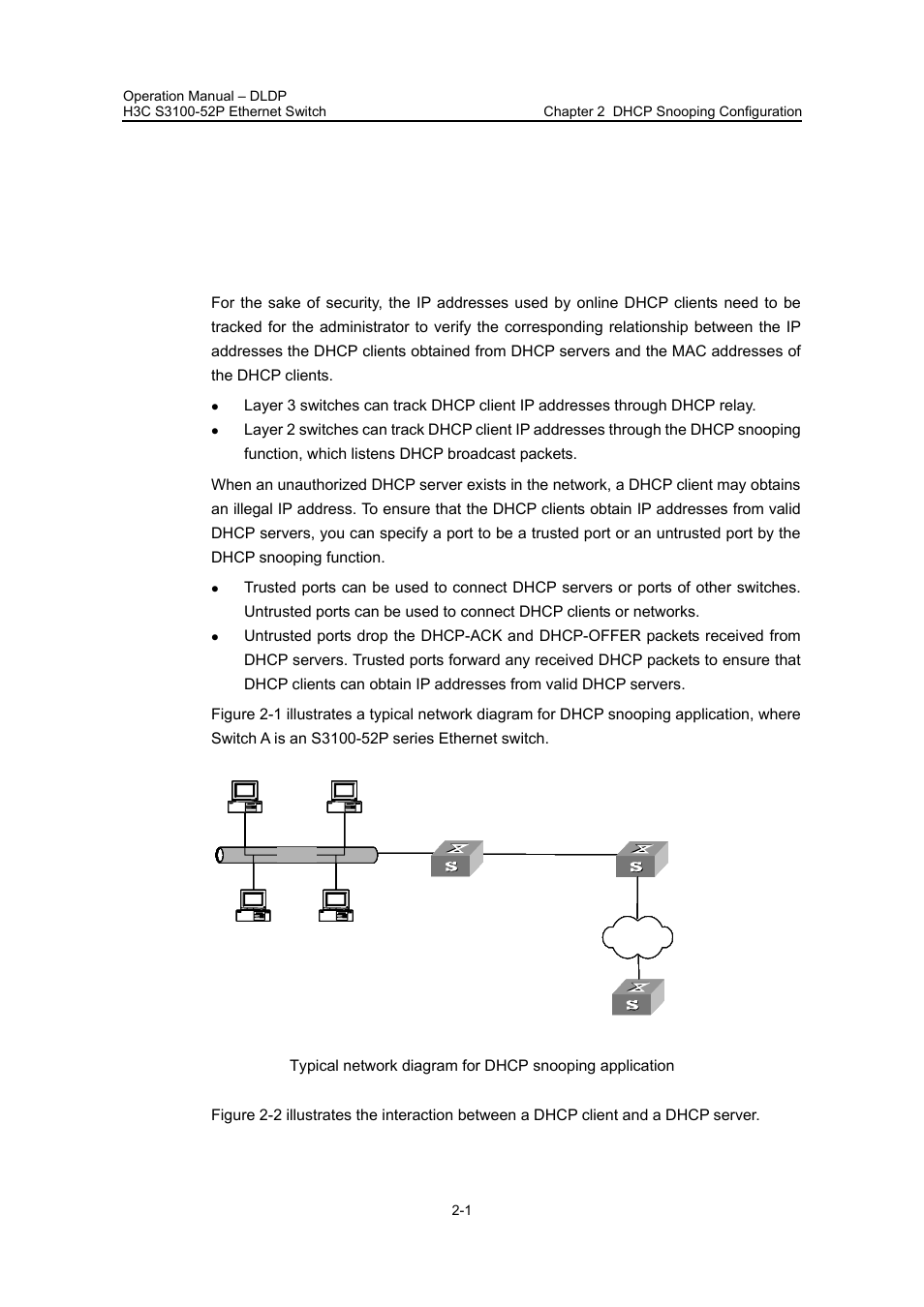 Chapter 2 dhcp snooping configuration, 1 introduction to dhcp snooping, Chapter 2 dhcp snooping configuration -1 | 1 introduction to dhcp snooping -1 | H3C Technologies H3C S3100 Series Switches User Manual | Page 358 / 630