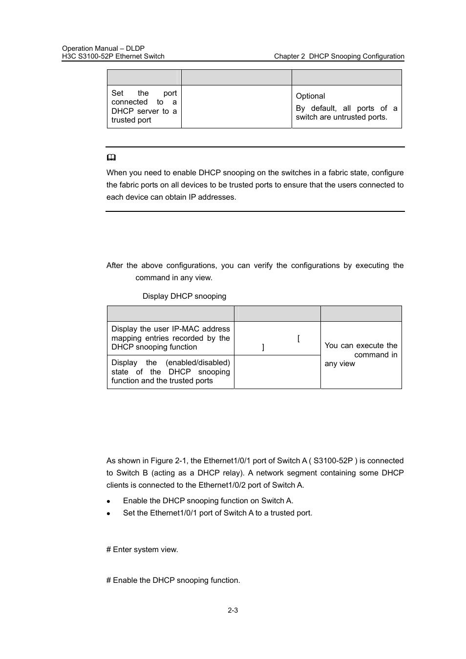 3 displaying dhcp snooping, 4 configuration example, I. network requirements | Ii. configuration procedure | H3C Technologies H3C S3100 Series Switches User Manual | Page 360 / 630