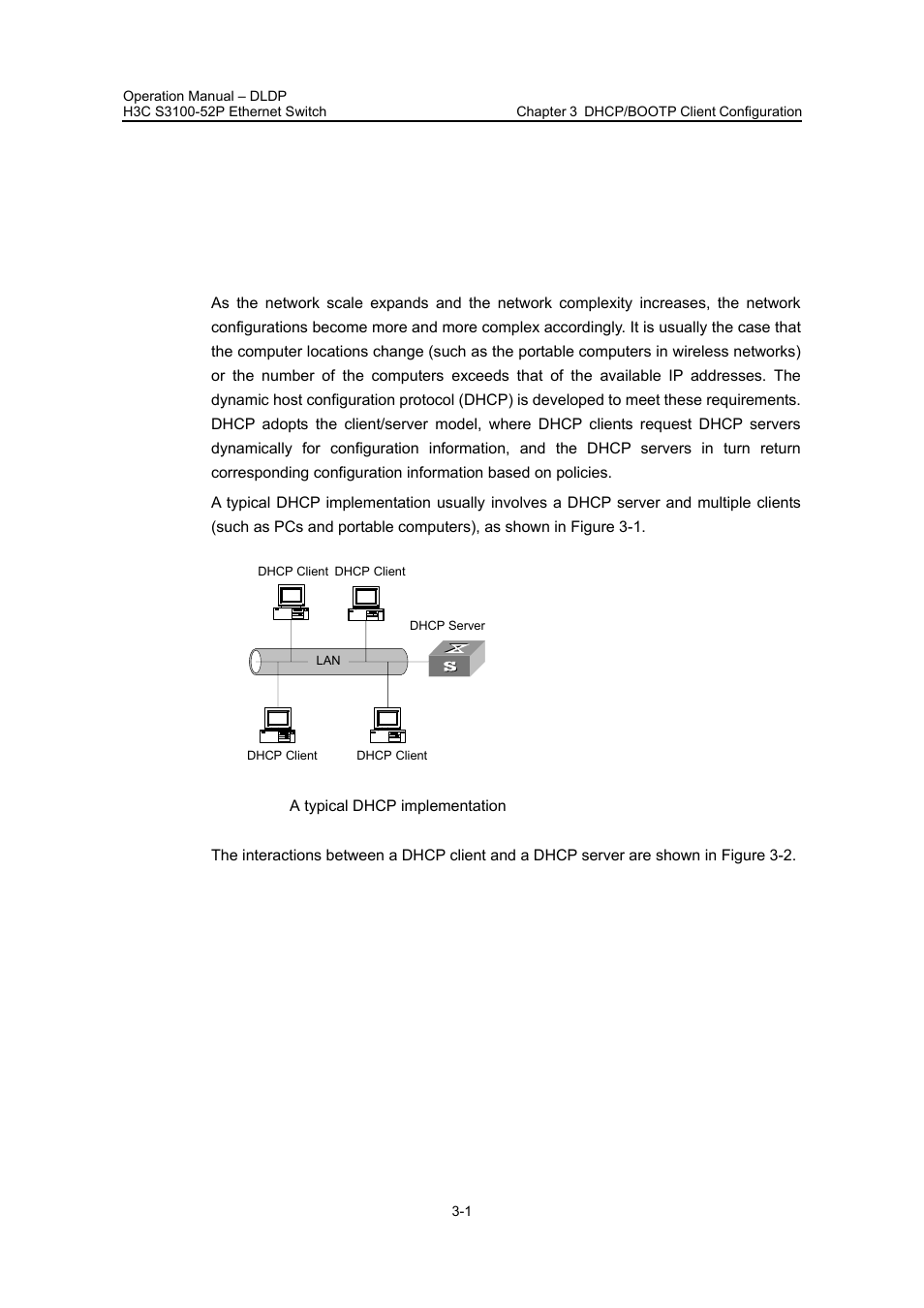 Chapter 3 dhcp/bootp client configuration, 1 introduction to dhcp client, Chapter 3 dhcp/bootp client configuration -1 | 1 introduction to dhcp client -1 | H3C Technologies H3C S3100 Series Switches User Manual | Page 362 / 630